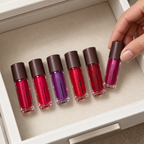 Six capped Manna Kadar mini lip oils being arranged in a cosmetics drawer