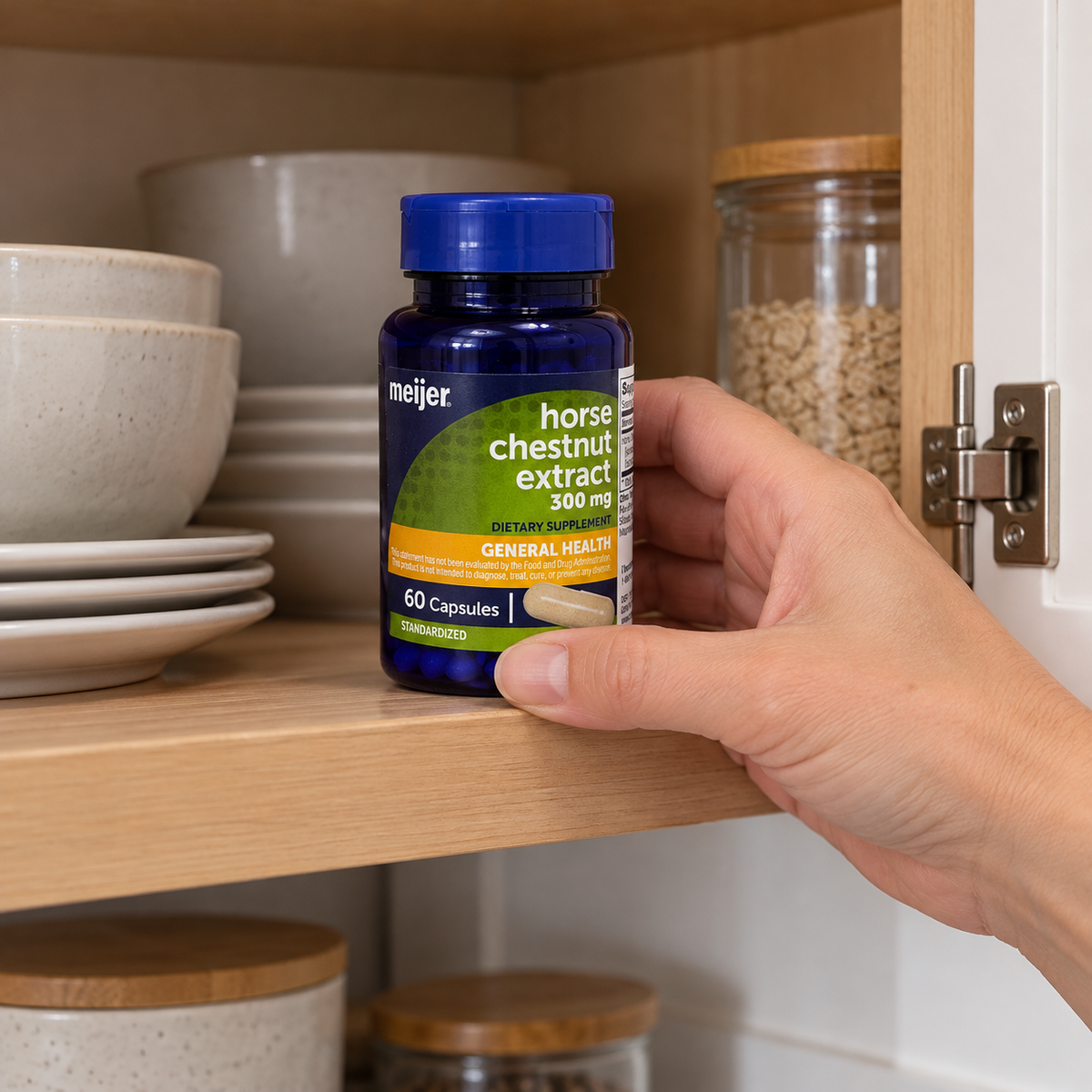 Returning the capped Meijer Horse Chestnut Extract bottle to a dry cupboard
