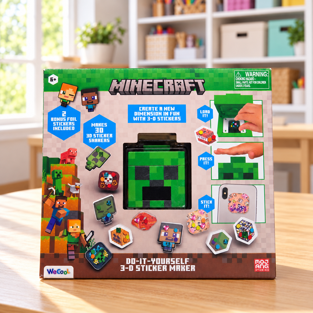 Minecraft 3-D Sticker Maker kit in its original retail box, styled craft room setting