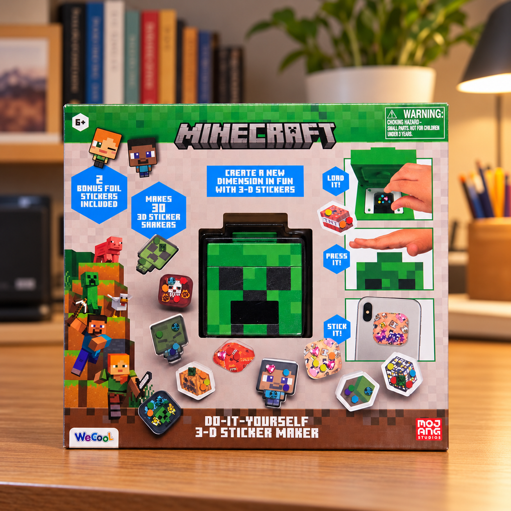 Minecraft 3-D Sticker Maker kit in its original retail box, styled study setting