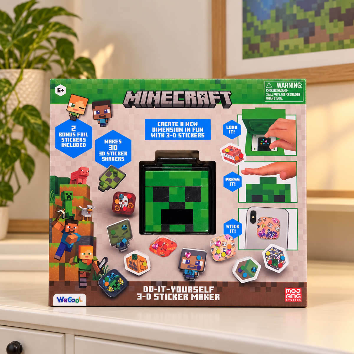 Minecraft 3-D Sticker Maker kit in its original retail box, styled craft corner setting