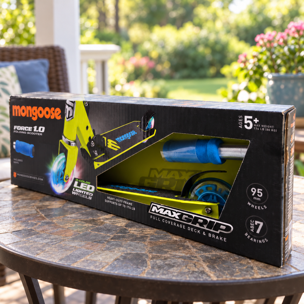 Mongoose Force 1.0 LED wheel scooter in original lime and blue retail packaging, styled porch setting
