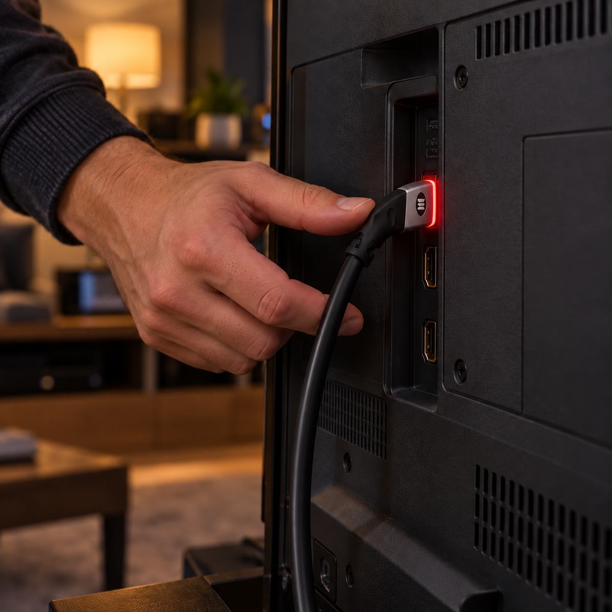 Identifying a connected HDMI cable by its red LED indicator