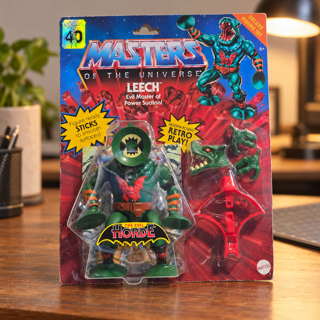 Mattel MOTU Origins Leech in original blister packaging, styled hobby desk setting