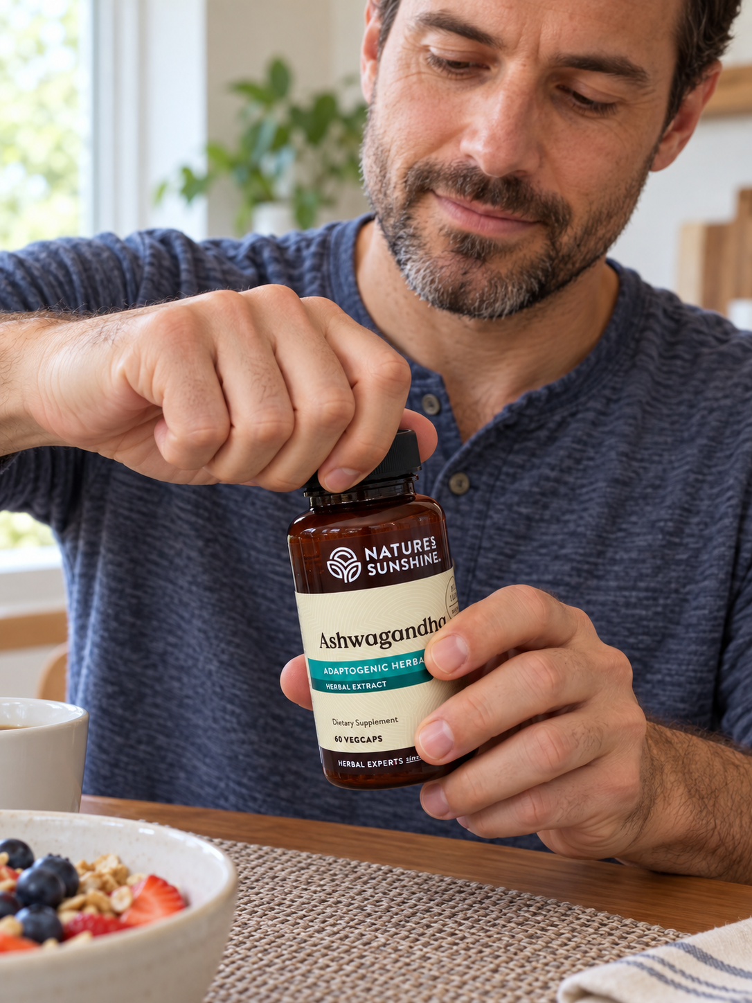 Opening a Nature's Sunshine Ashwagandha bottle at breakfast.