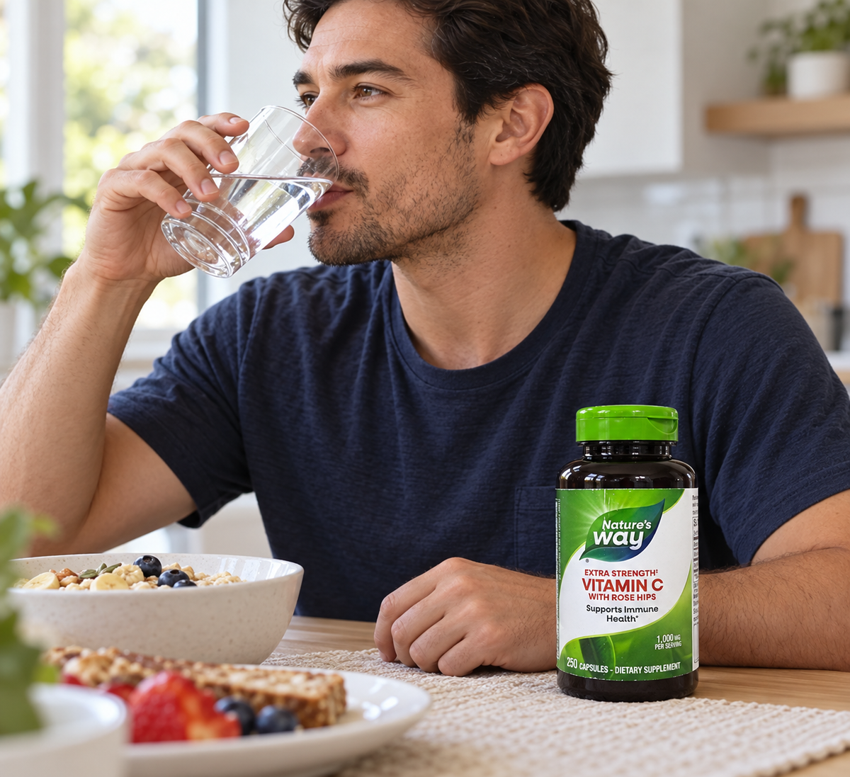 A daily supplement routine with Nature's Way Vitamin C and a glass of water.