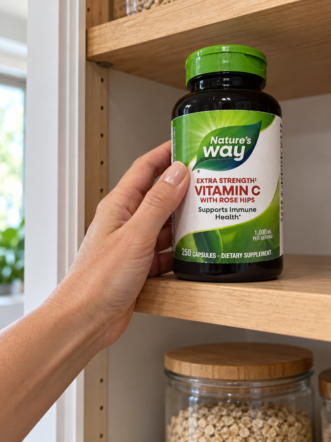 Putting a Nature's Way Vitamin C bottle on a pantry shelf.
