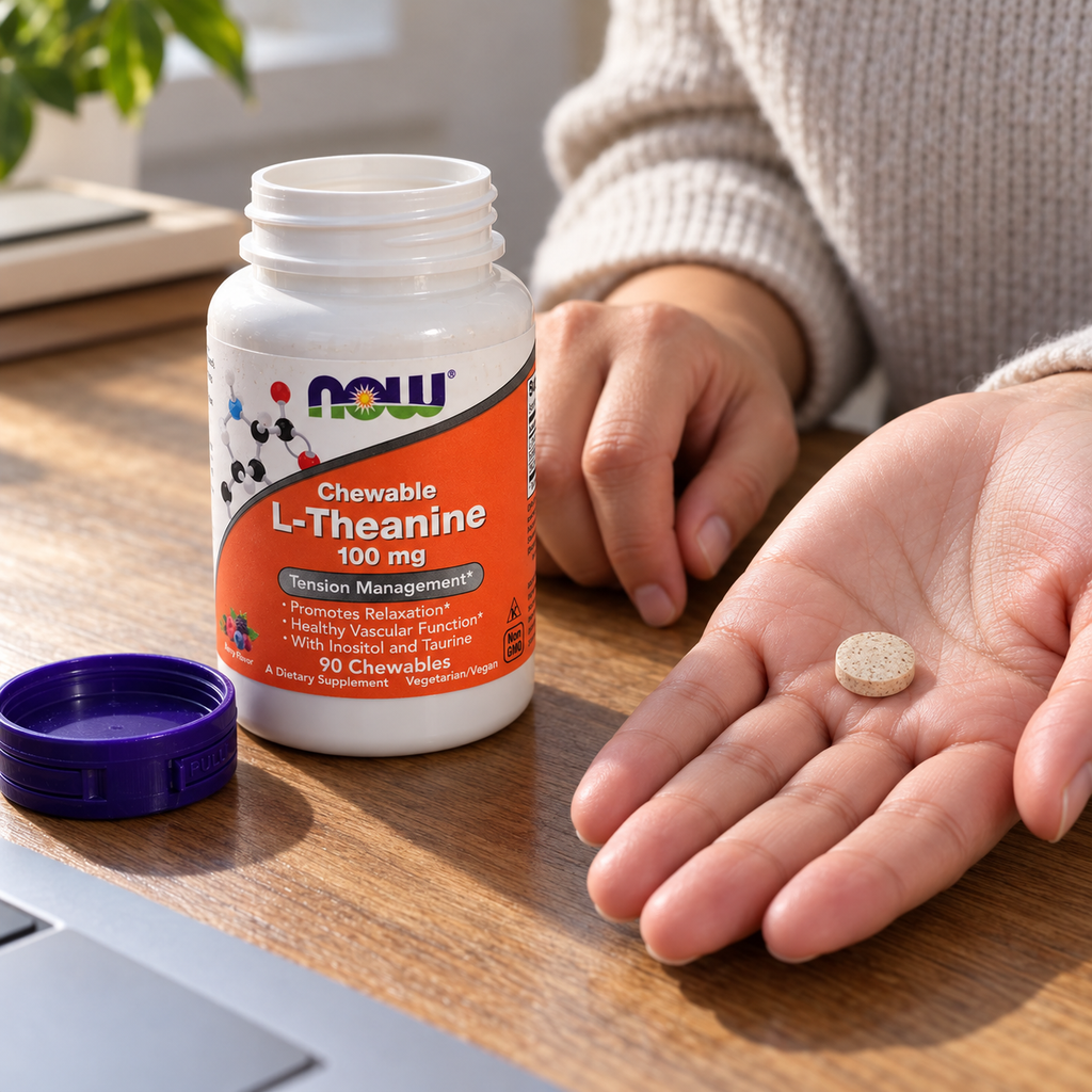 One NOW L-Theanine berry chewable tablet in an adult's palm