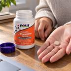 One NOW L-Theanine berry chewable tablet in an adult's palm