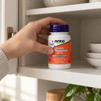 Placing the closed NOW L-Theanine bottle on a dry cupboard shelf