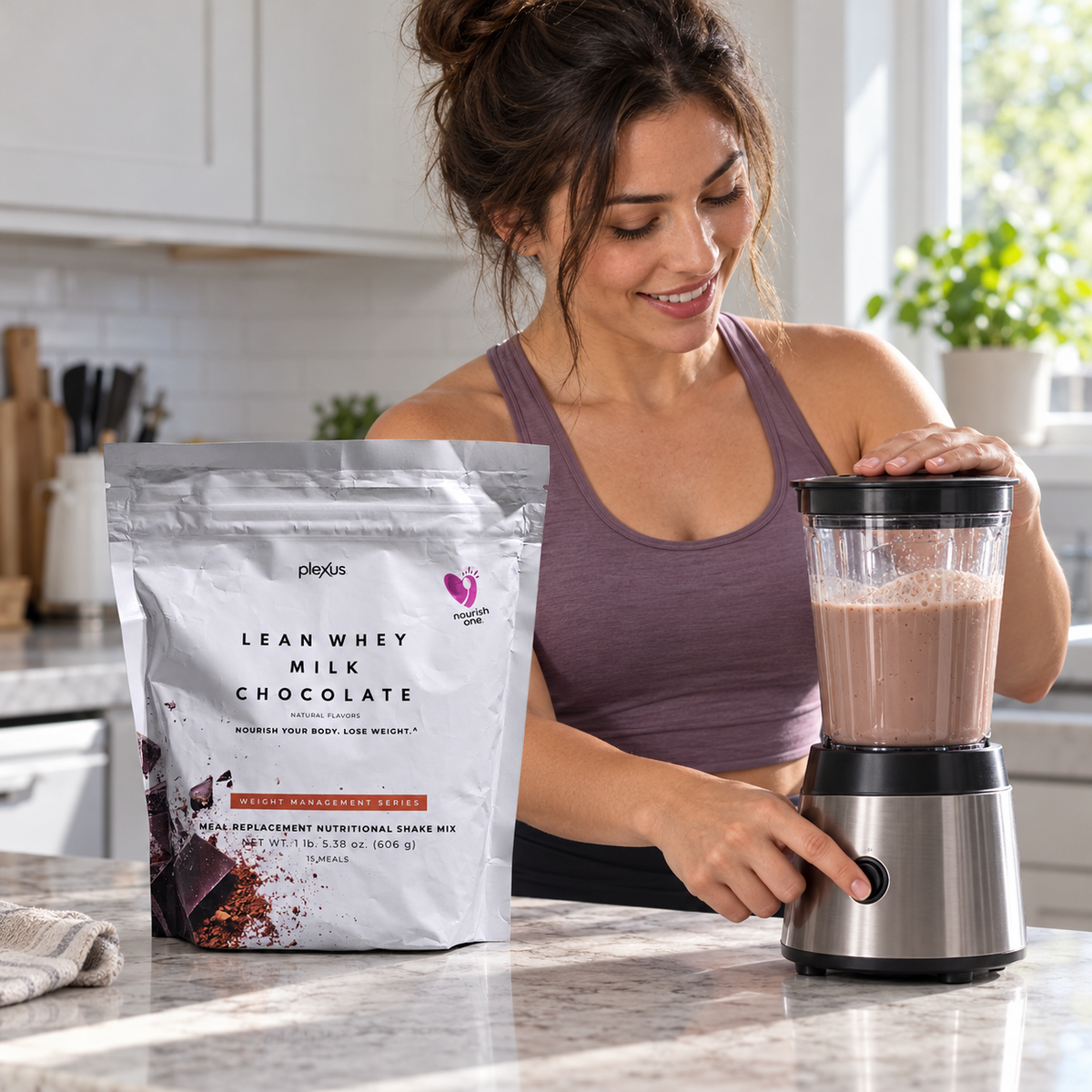 Blending a Plexus Lean Whey Milk Chocolate shake at home