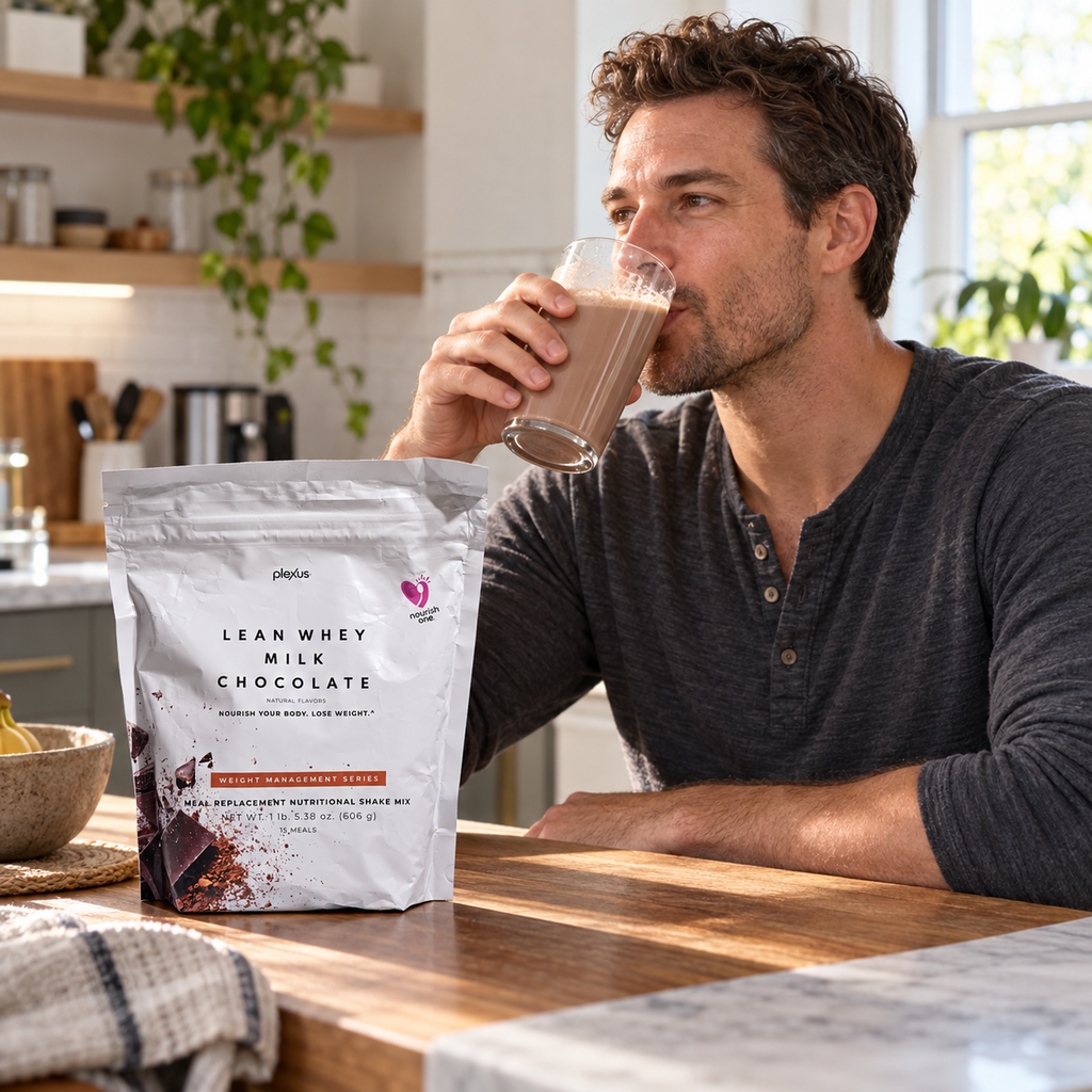 Adult drinking a Plexus Lean Whey Milk Chocolate shake