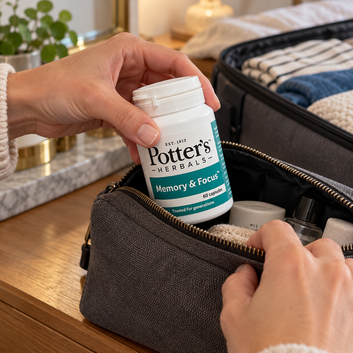 Packing the capped Potter’s Memory & Focus bottle in a travel pouch