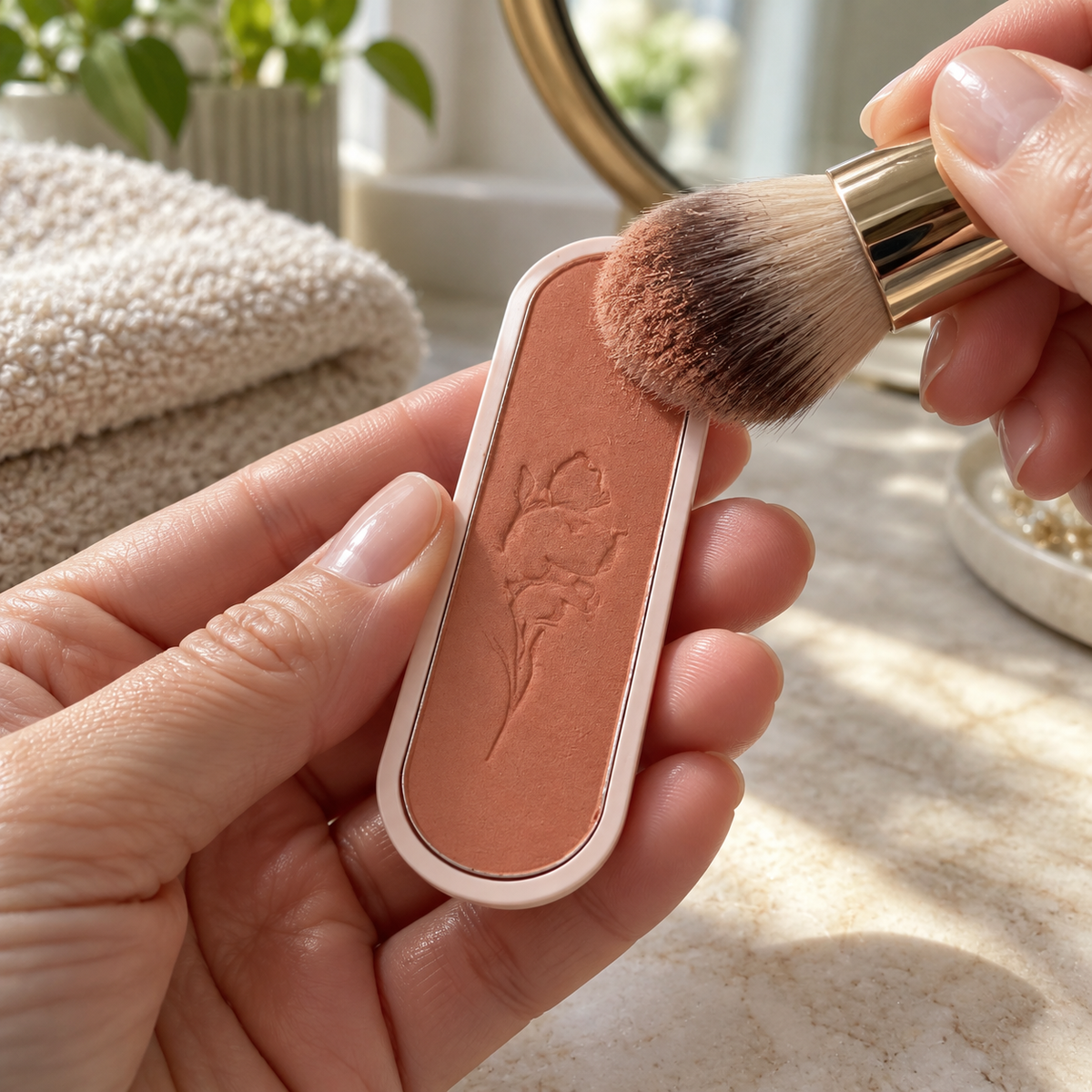 Loading a blush brush with Cashmere cheek color