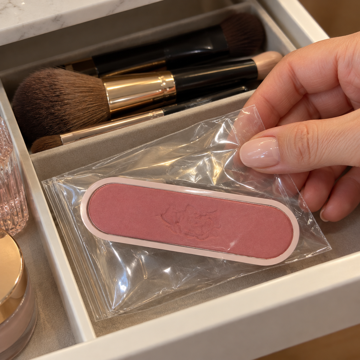 Choosing a protected Mauve Satin refill from a vanity drawer