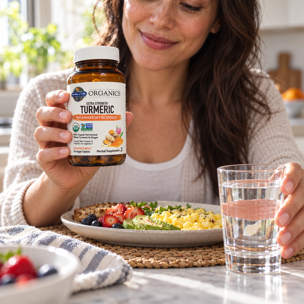 Holding Garden of Life Organics Turmeric beside breakfast