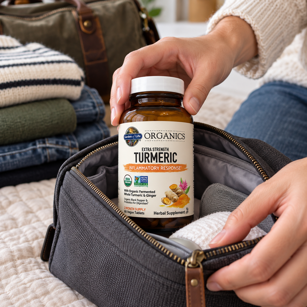 Packing Garden of Life Organics Turmeric in a travel pouch