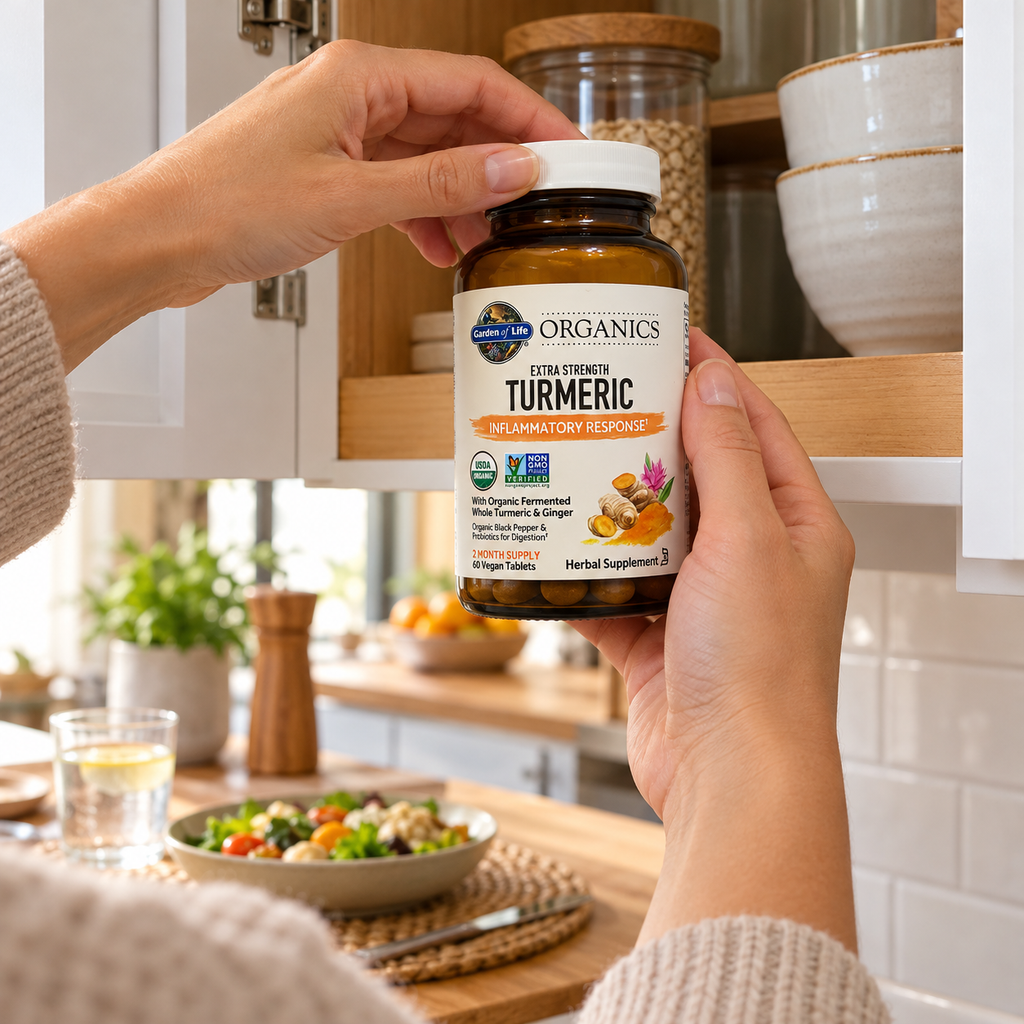 Taking Garden of Life Organics Turmeric from an upper cupboard