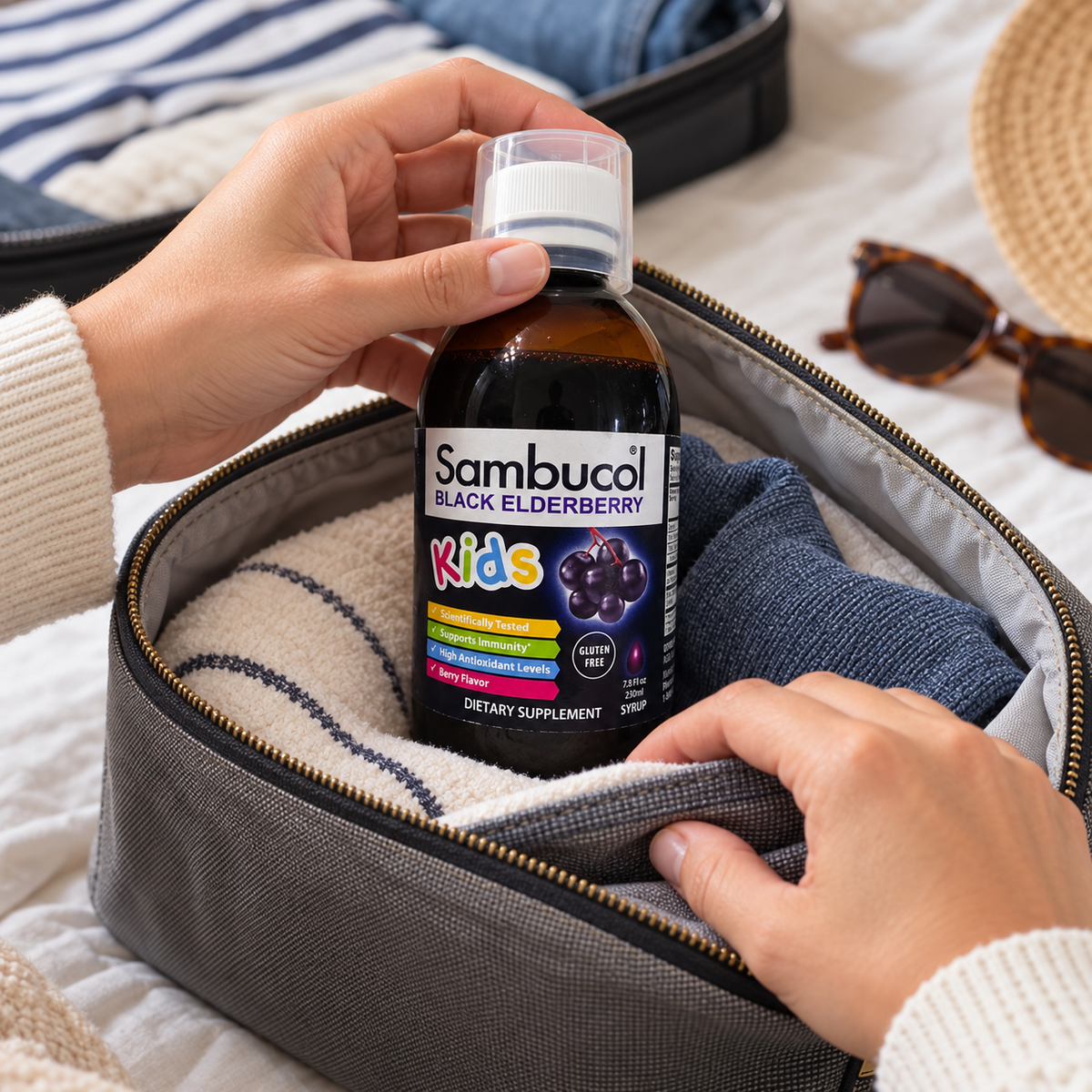 Packing Sambucol Kids 7.8 fl oz for a trip