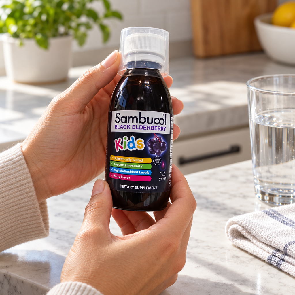 Adult checking a Sambucol Kids 4 fl oz bottle