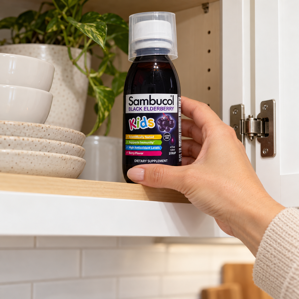 Storing Sambucol Kids 4 fl oz in an upper cupboard