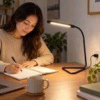 Writing in a notebook under a Globe Arden LED desk lamp
