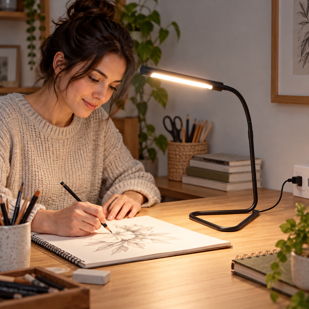 Drawing under a Globe Arden USB LED desk lamp