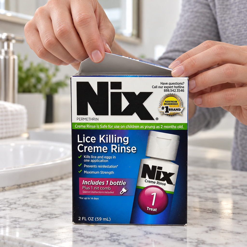 Opening the top flap of a Nix Creme Rinse carton