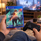 Adult holding the Battlefield 2042 PS4 case beside a DualShock 4 controller; AI-assisted illustration