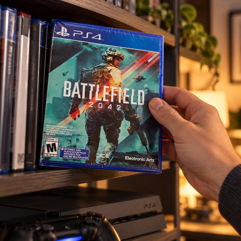 Battlefield 2042 PS4 case being selected from a media shelf; AI-assisted illustration