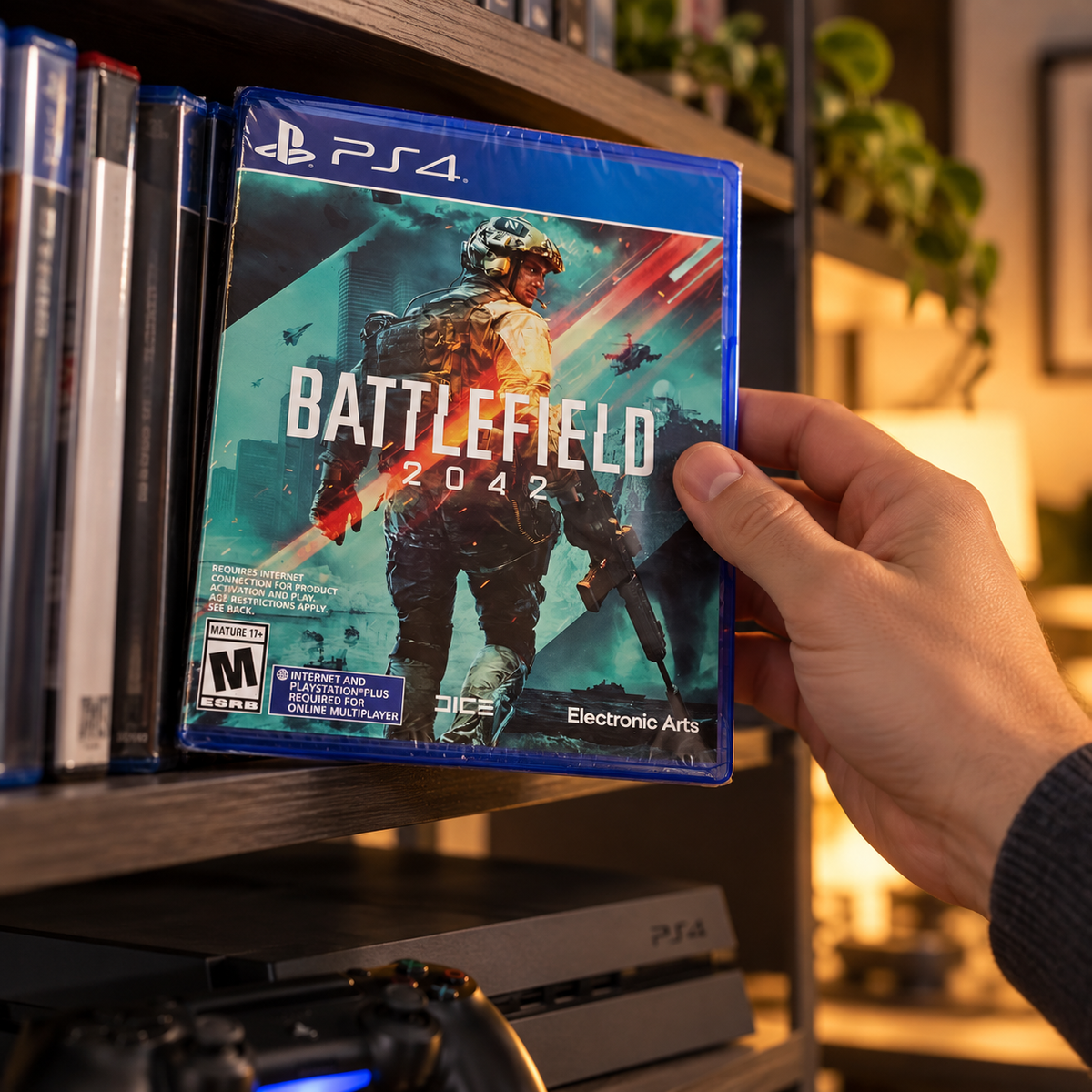 Battlefield 2042 PS4 case being selected from a media shelf; AI-assisted illustration