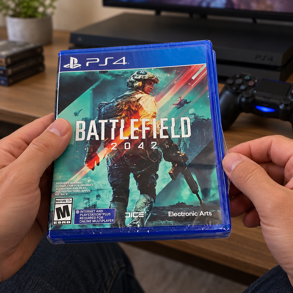 Adult hands opening the Battlefield 2042 PS4 case; AI-assisted illustration