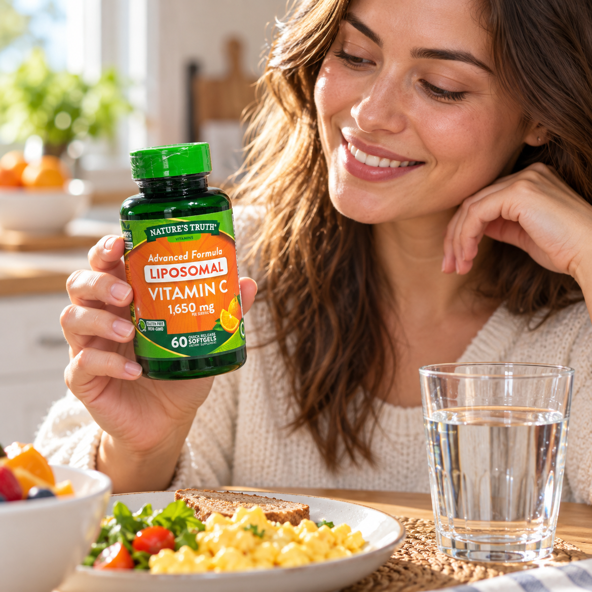 Nature’s Truth Liposomal Vitamin C bottle held beside breakfast