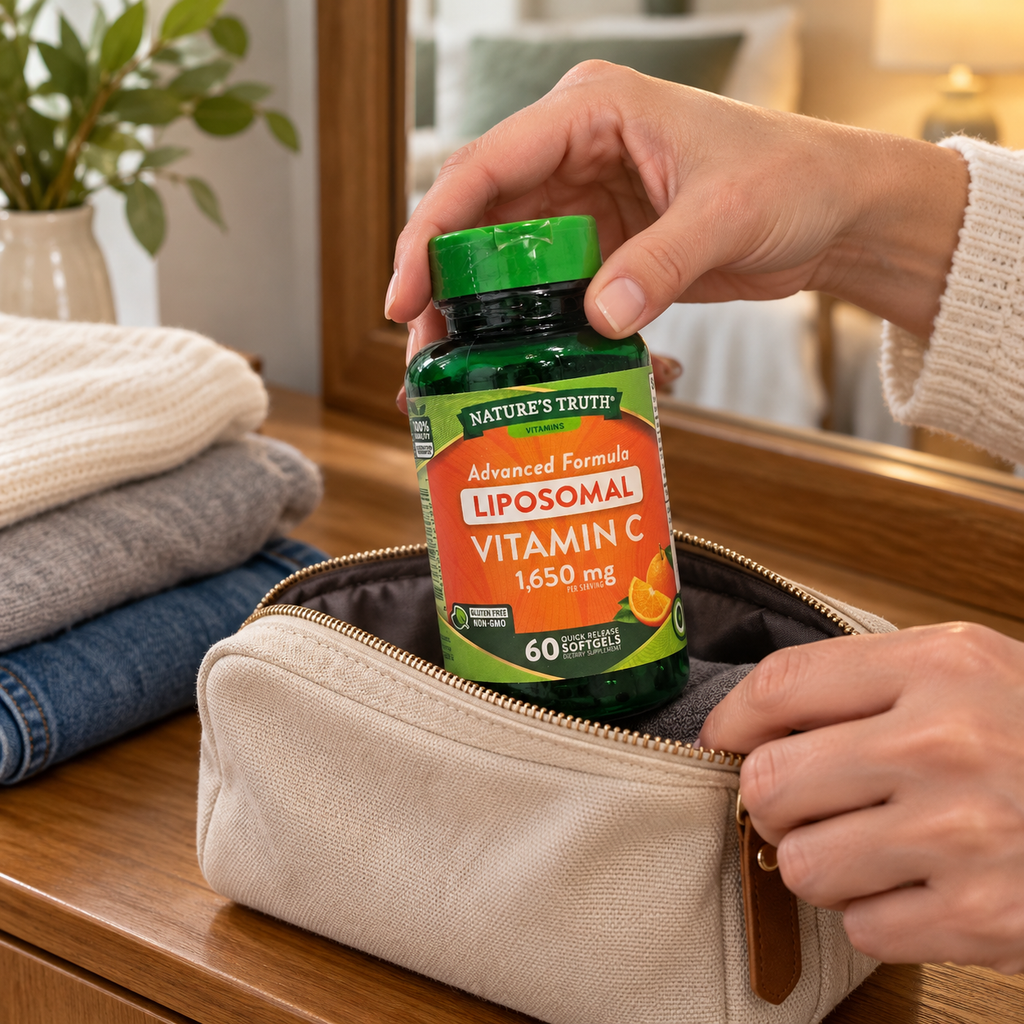 Nature’s Truth Vitamin C bottle being packed in a travel pouch