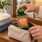 Nature’s Truth Vitamin C bottle being packed in a travel pouch