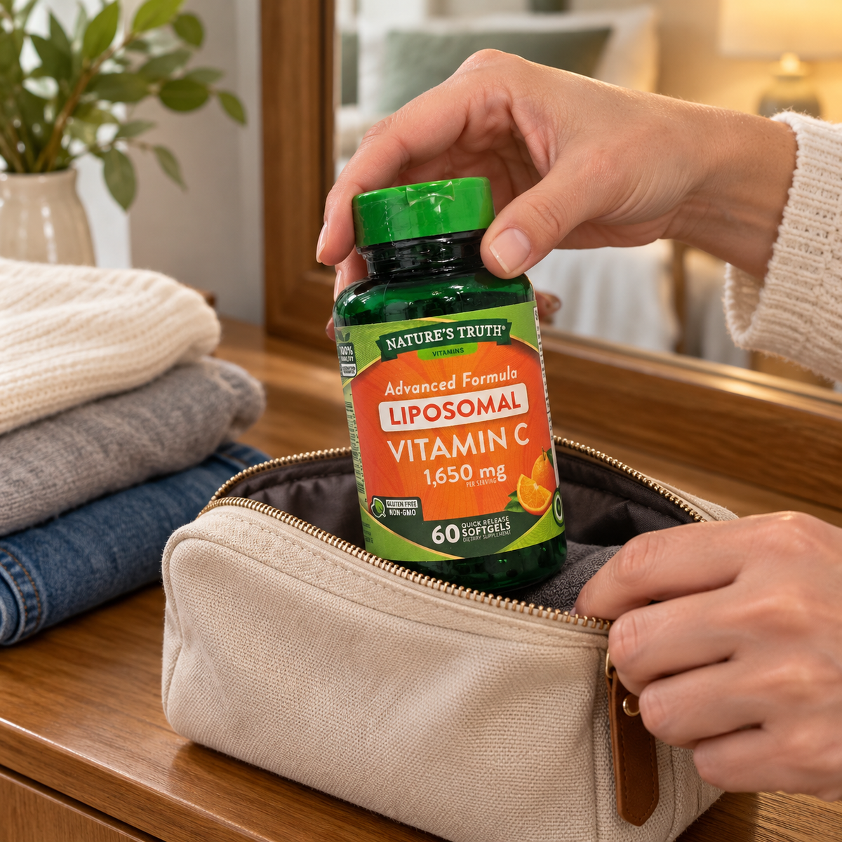 Nature’s Truth Vitamin C bottle being packed in a travel pouch