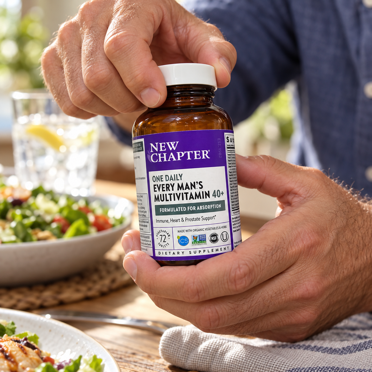 Hands preparing to open a New Chapter multivitamin bottle beside a meal