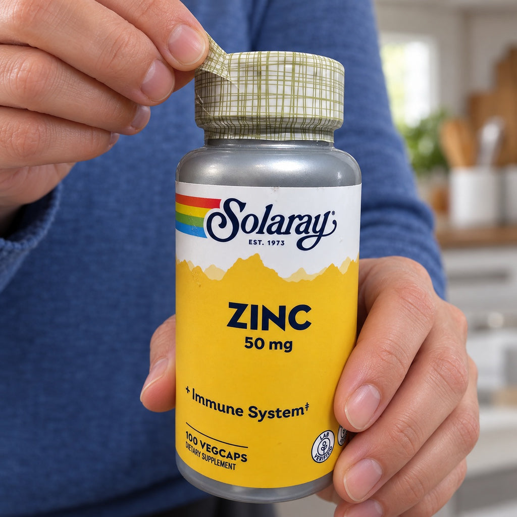 Removing the outer seal from a Solaray Zinc 50 mg bottle