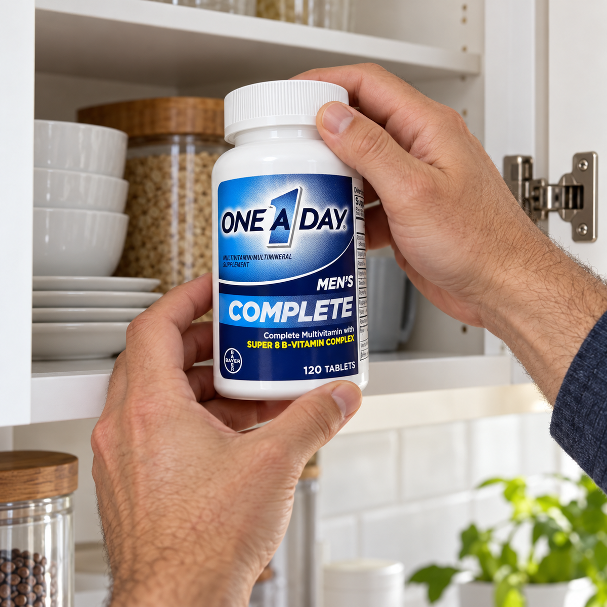 Taking One A Day Men’s Complete from an upper cupboard