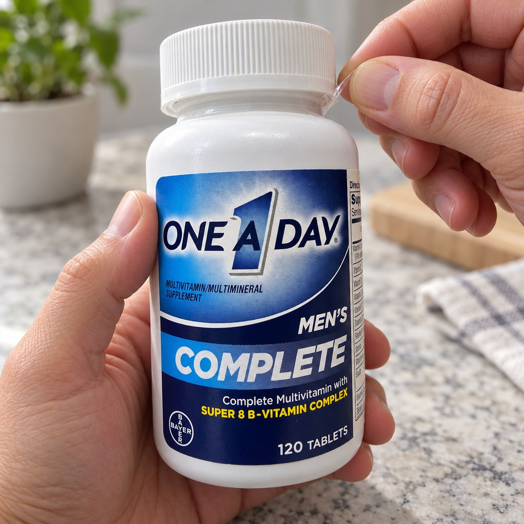Removing the outer seal from a One A Day Men’s Complete bottle