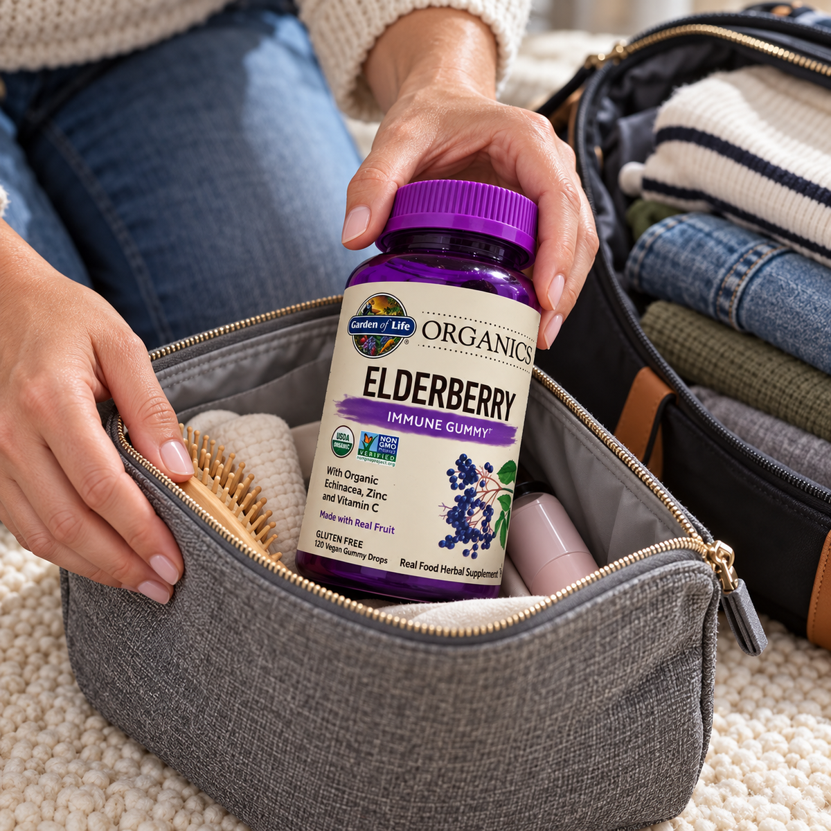 Packing Garden of Life Organics Elderberry gummies for a trip