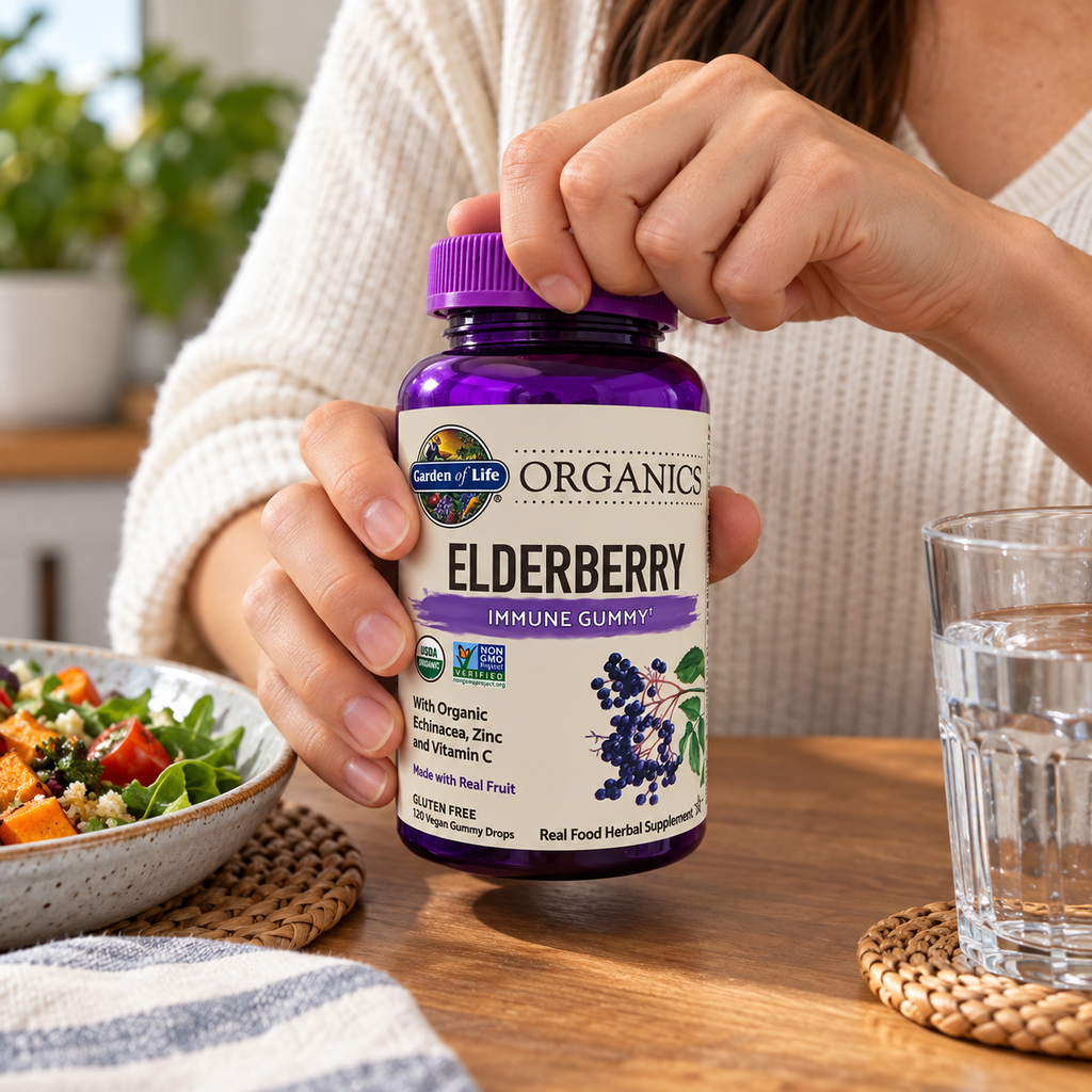 Opening a Garden of Life Organics Elderberry gummy bottle