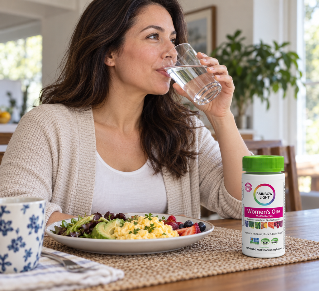 A daily vitamin routine with Rainbow Light Women's One and a glass of water.