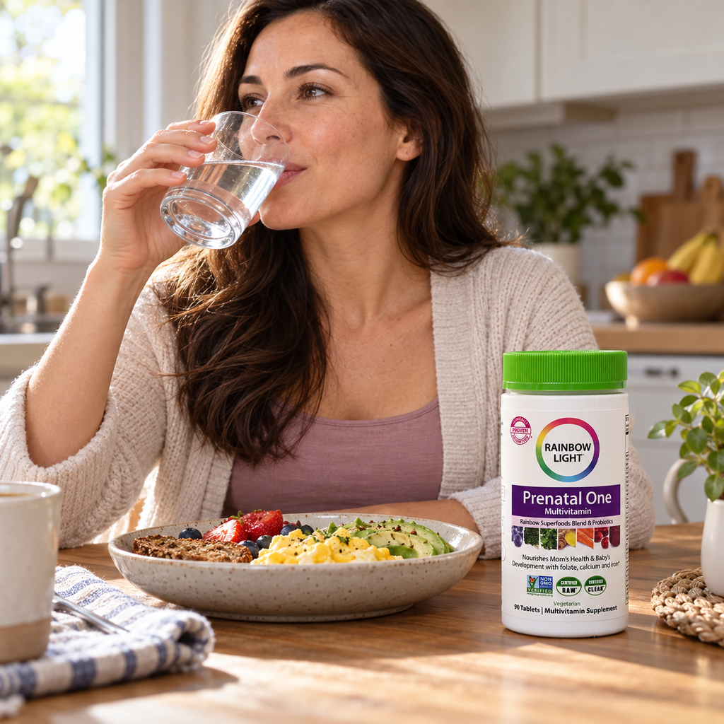 Rainbow Light Prenatal One during an adult's breakfast-and-water routine