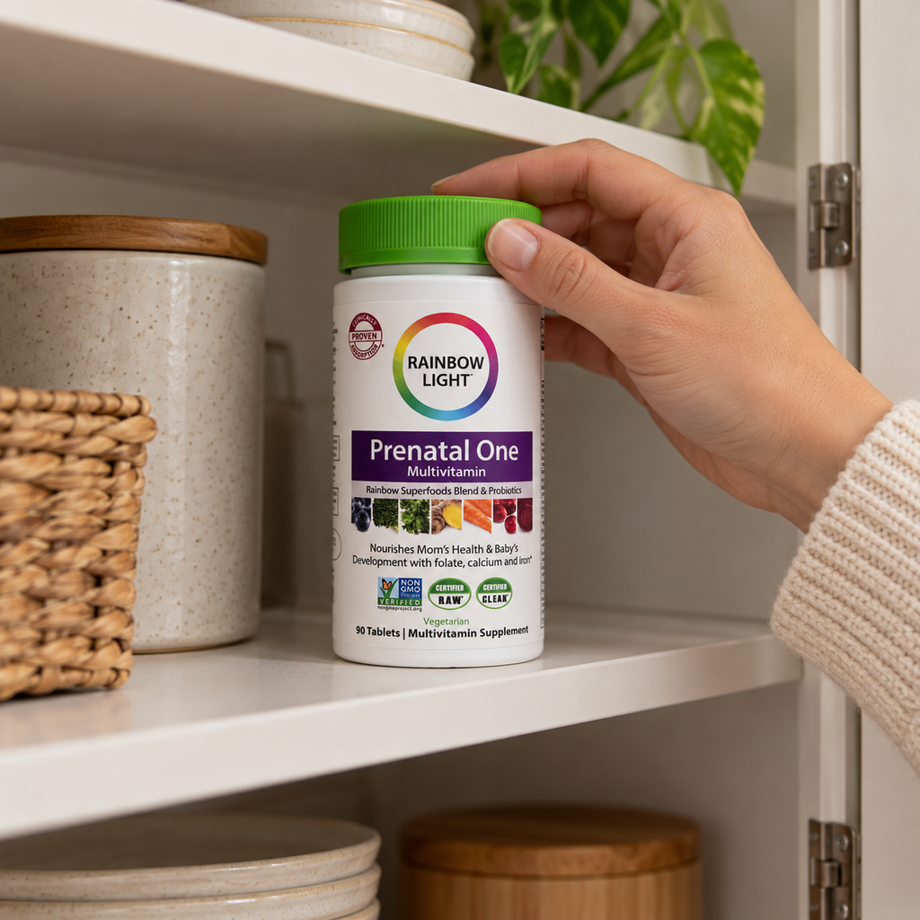 Returning the capped Rainbow Light Prenatal One bottle to a dry cupboard