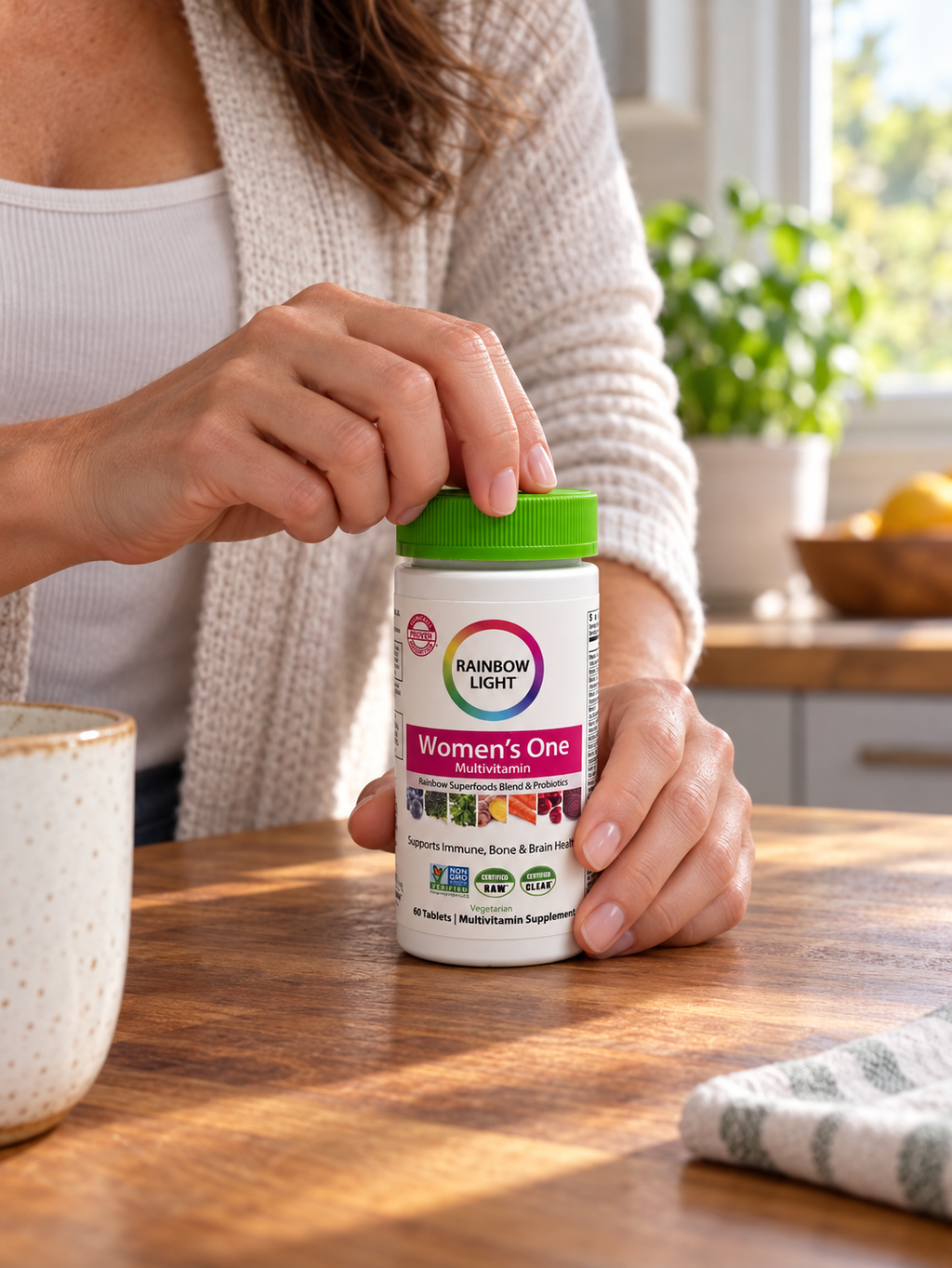 Hands closing the green cap on a Rainbow Light Women's One bottle.