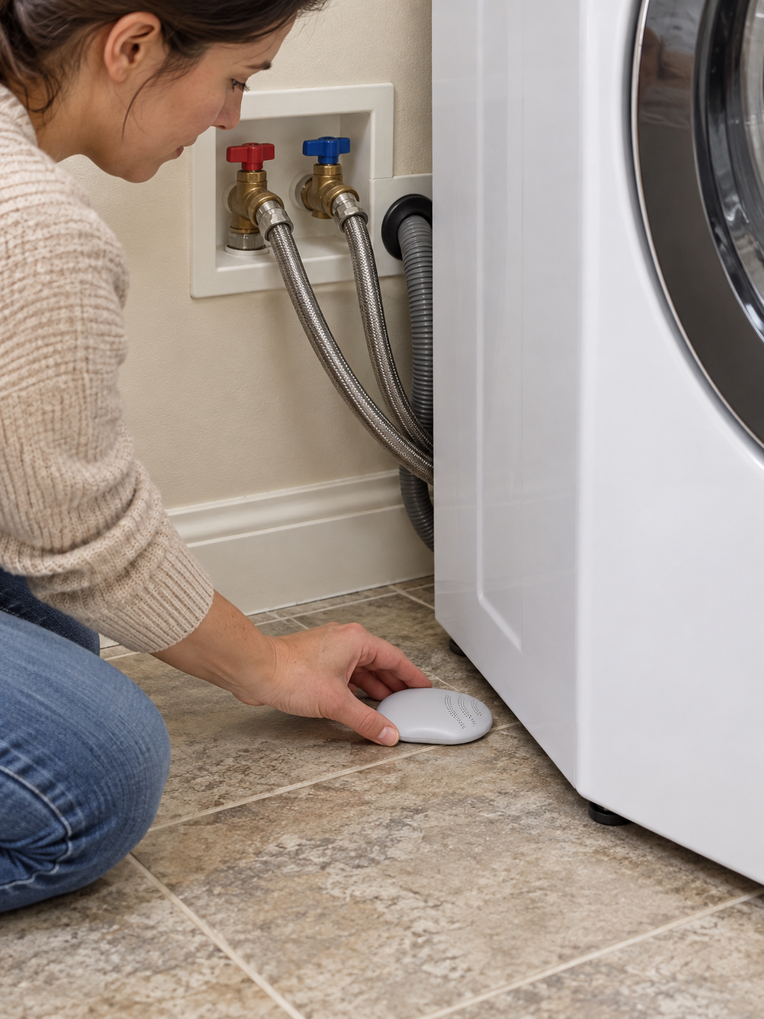 Positioning a Roost water sensor on the floor beside a washing machine.