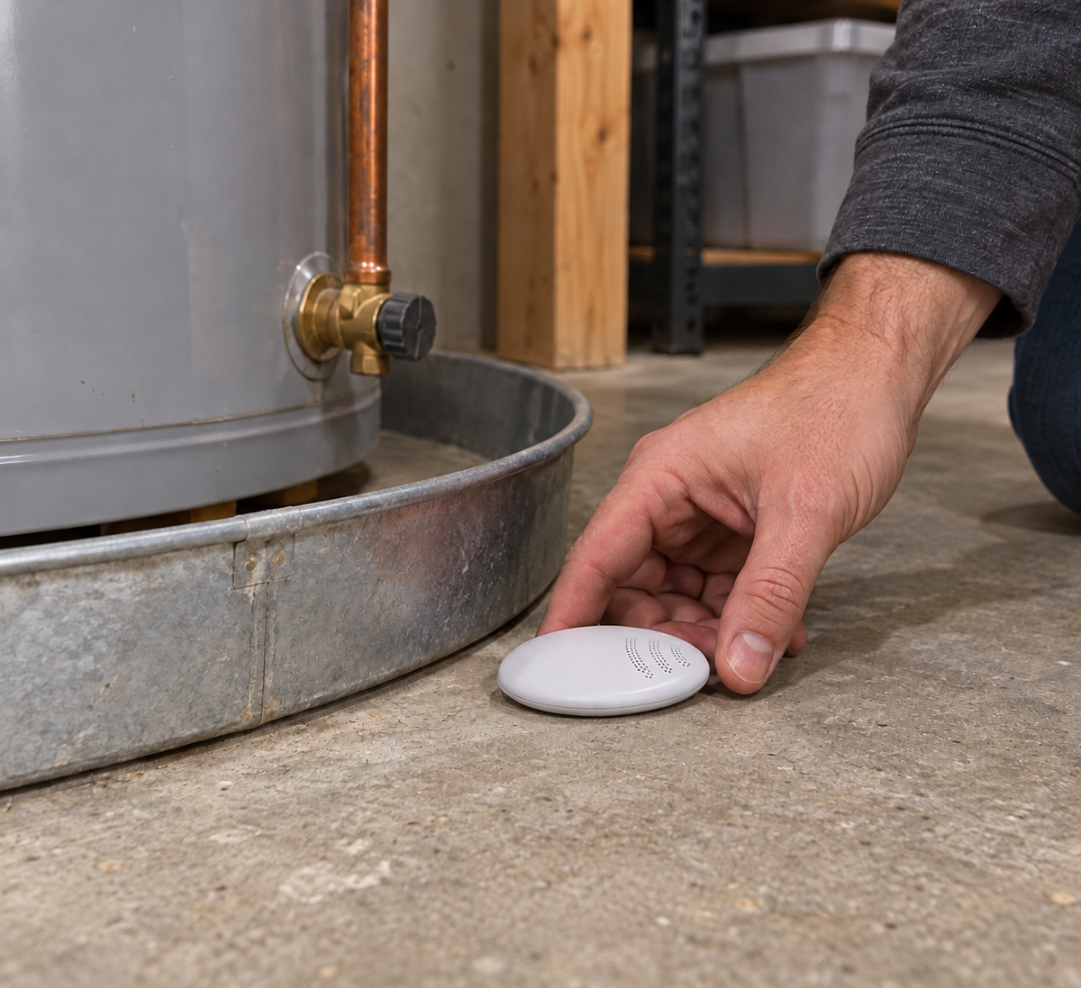 Placing a Roost water sensor beside a water-heater drain pan.