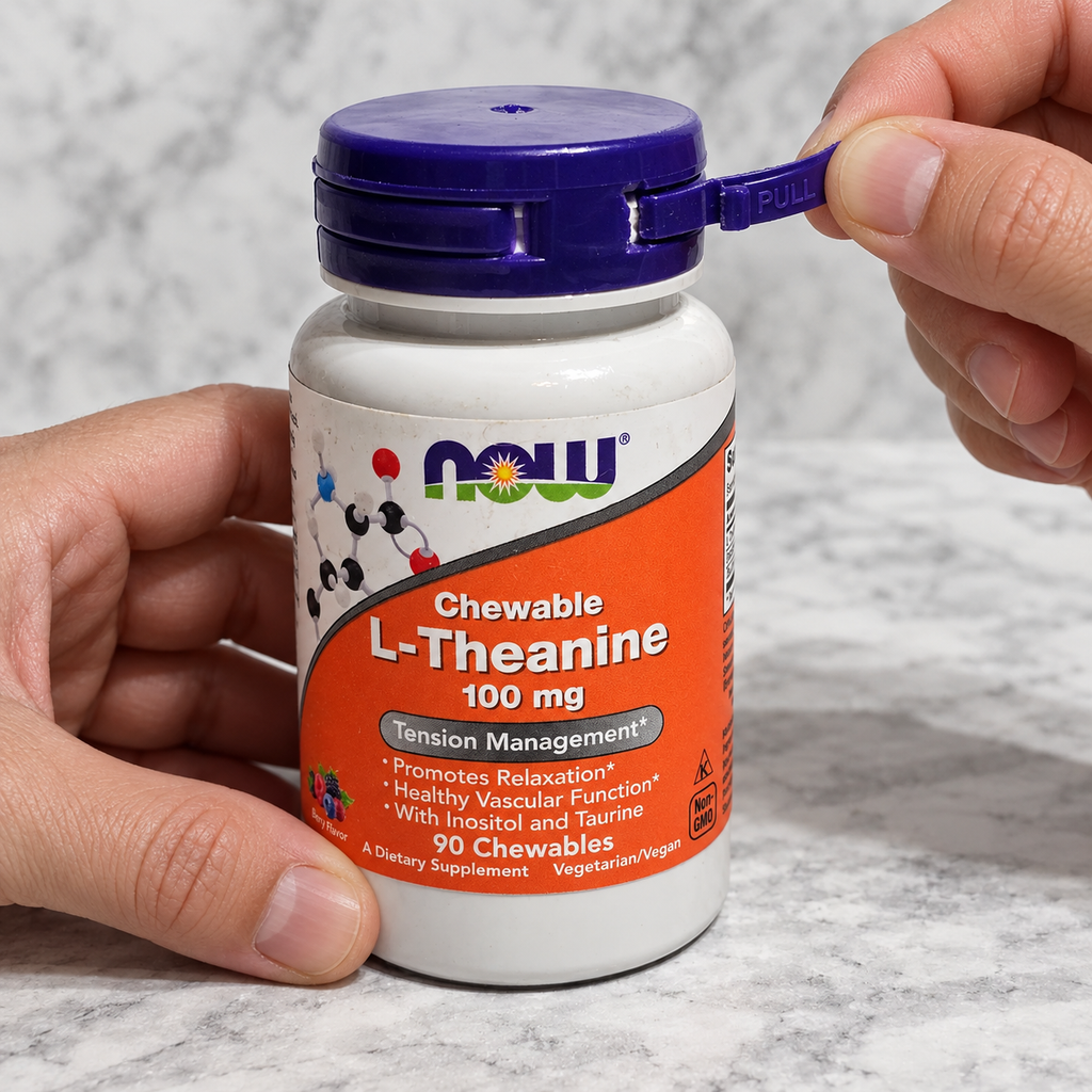 Opening the pull-tab seal on a NOW L-Theanine 100 mg bottle