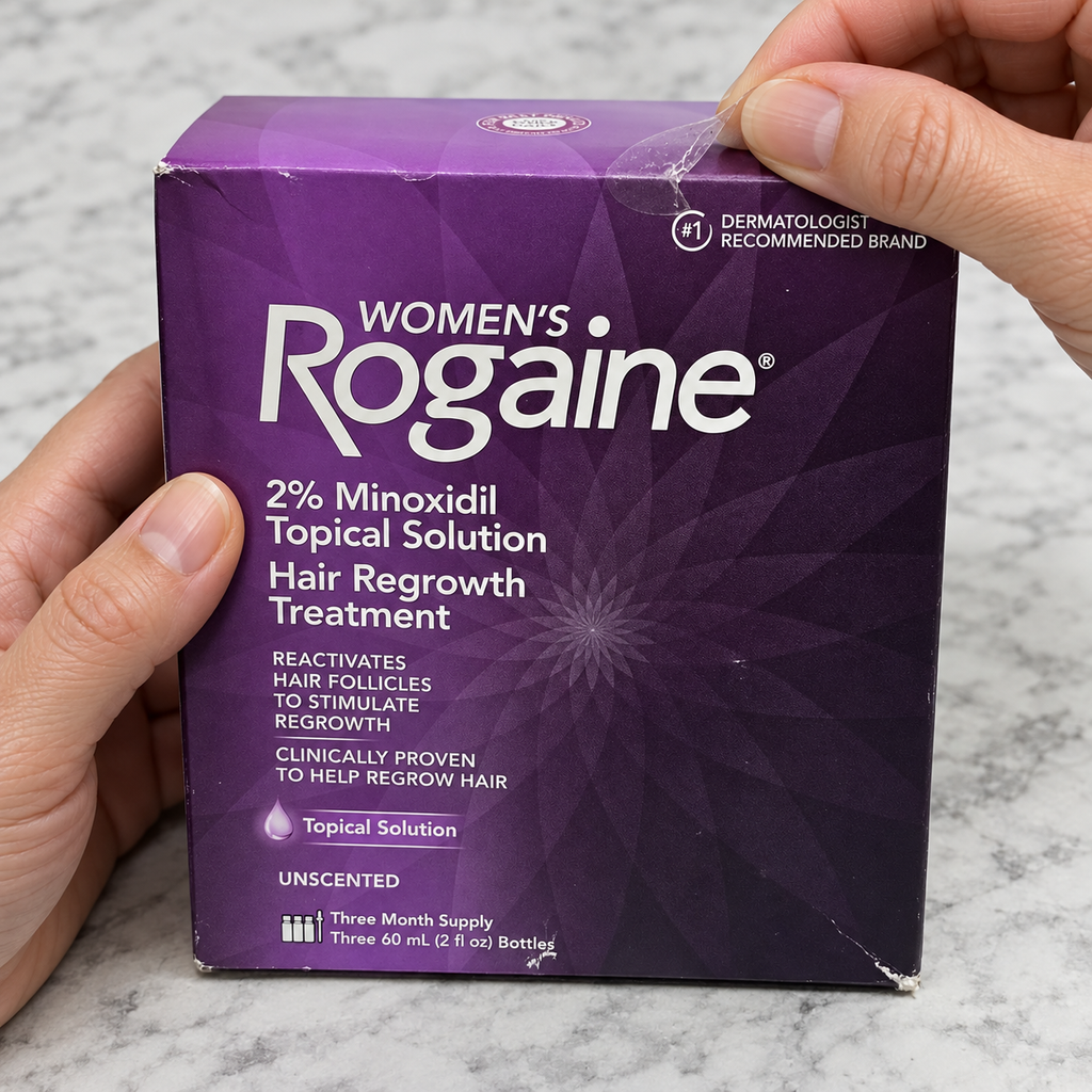 Opening the Women’s Rogaine three-month solution carton